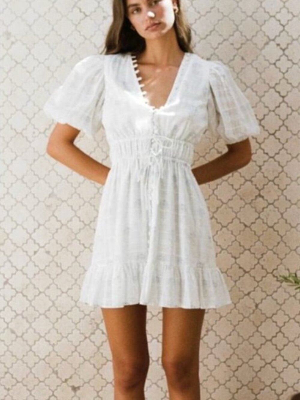 SABO Savina White Floral Puff Sleeve Cotton Mini Dress Size 6